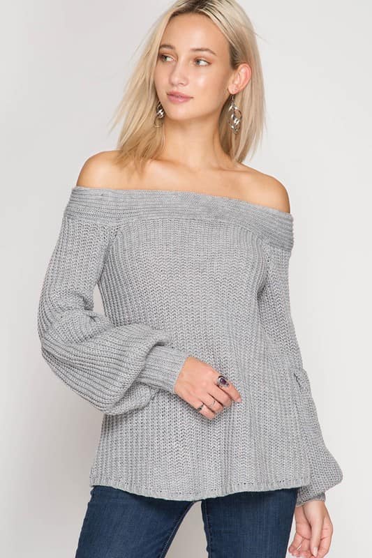 Gray Off Shoulder Sweater - Jade